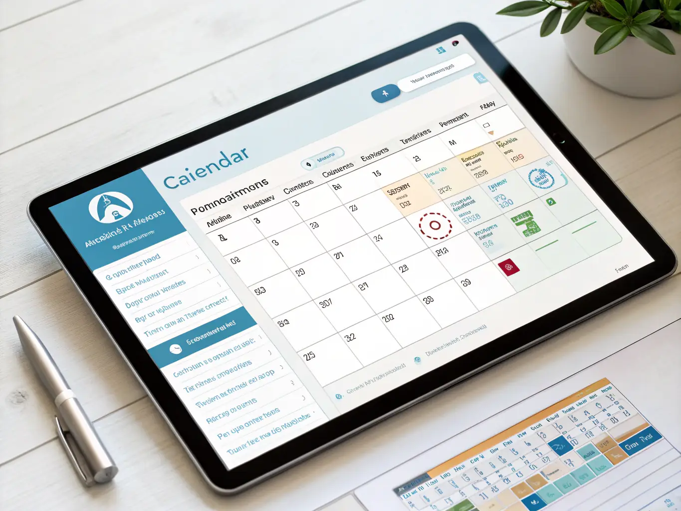 A calendar view within the Cuore Et Derma software, showcasing appointment scheduling features with color-coded appointments and easy drag-and-drop functionality.
